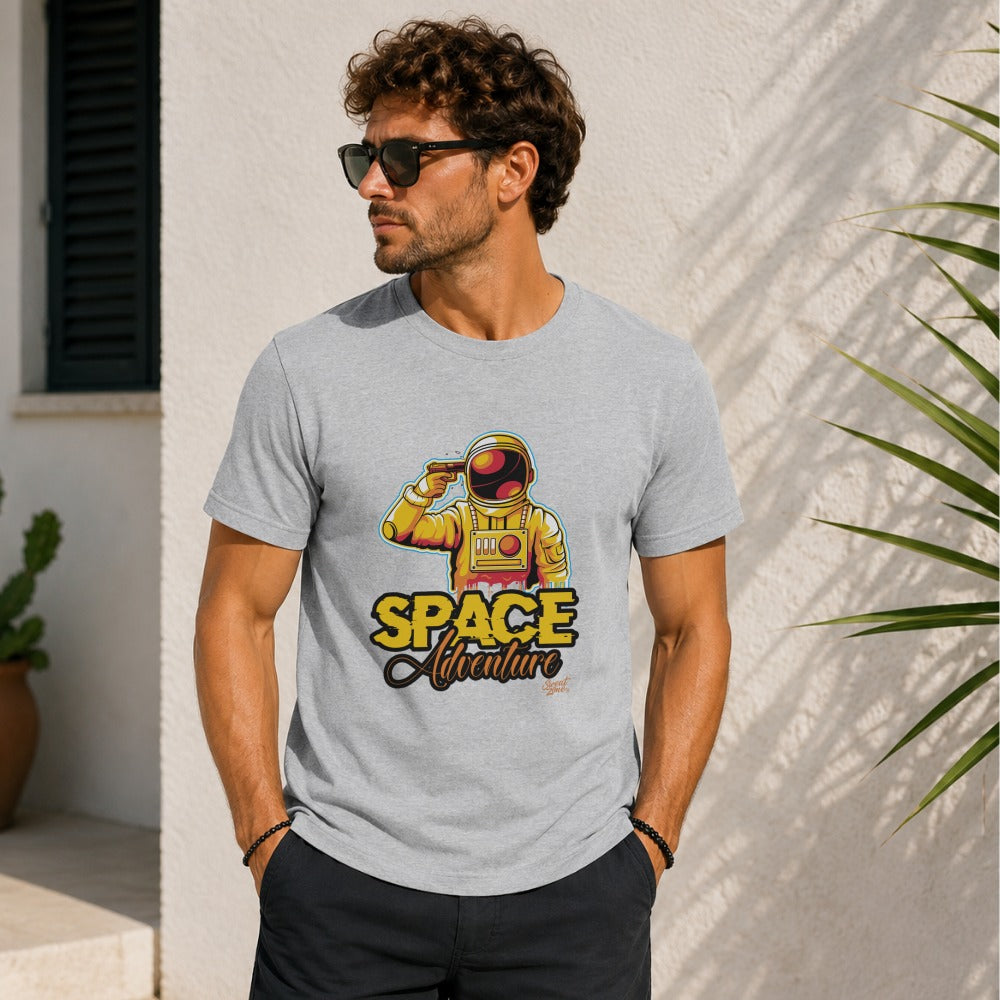 Grey t-shirt with astronaut graphic and "SPACE Adventure" text.