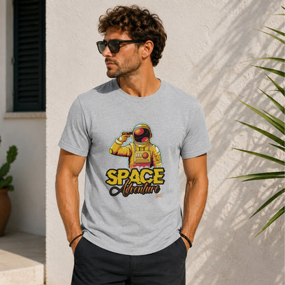 Grey t-shirt with astronaut graphic and "SPACE Adventure" text.