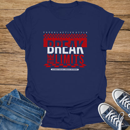 Navy t-shirt with red and white "BREAK THE LIMITS STREETWEAR URBAN DIVISION" graphic.
