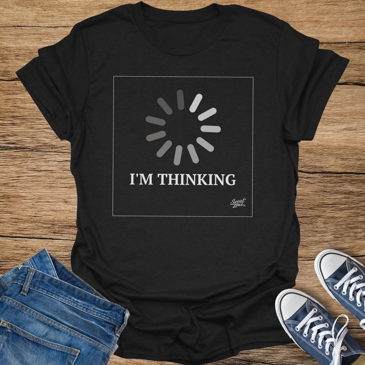 Black t-shirt with white loading bar graphic and text "I'M THINKING".