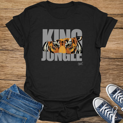 Black t-shirt with "KING JUNGLE" and tiger eyes graphic.