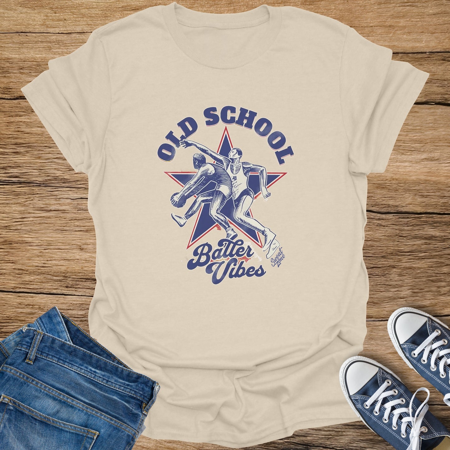 Cream t-shirt with "Old School Batter Vibes" graphic of two baseball players.