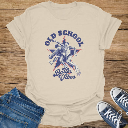 Cream t-shirt with "Old School Batter Vibes" graphic of two baseball players.