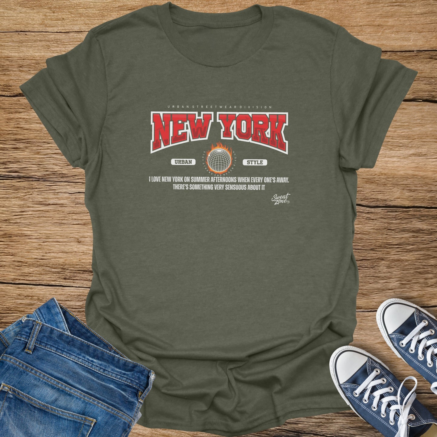 Olive green t-shirt with "New York" graphic and text detailing urban style.