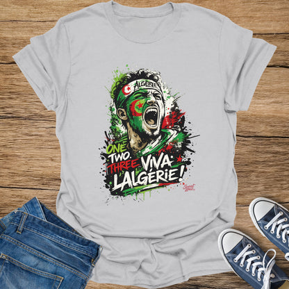 T-shirt graphic of a shouting soccer player with "One Two Three: Viva L'Algerie!" text.