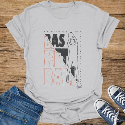 T-shirt with "BASKETBALL" graphic, New York Brooklyn text, and basketball player silhouette.