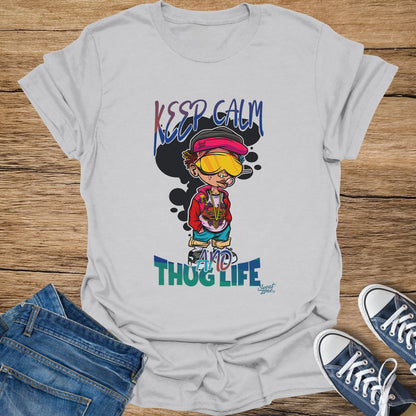 White t-shirt with cartoon character saying "Keep Calm And Thug Life".