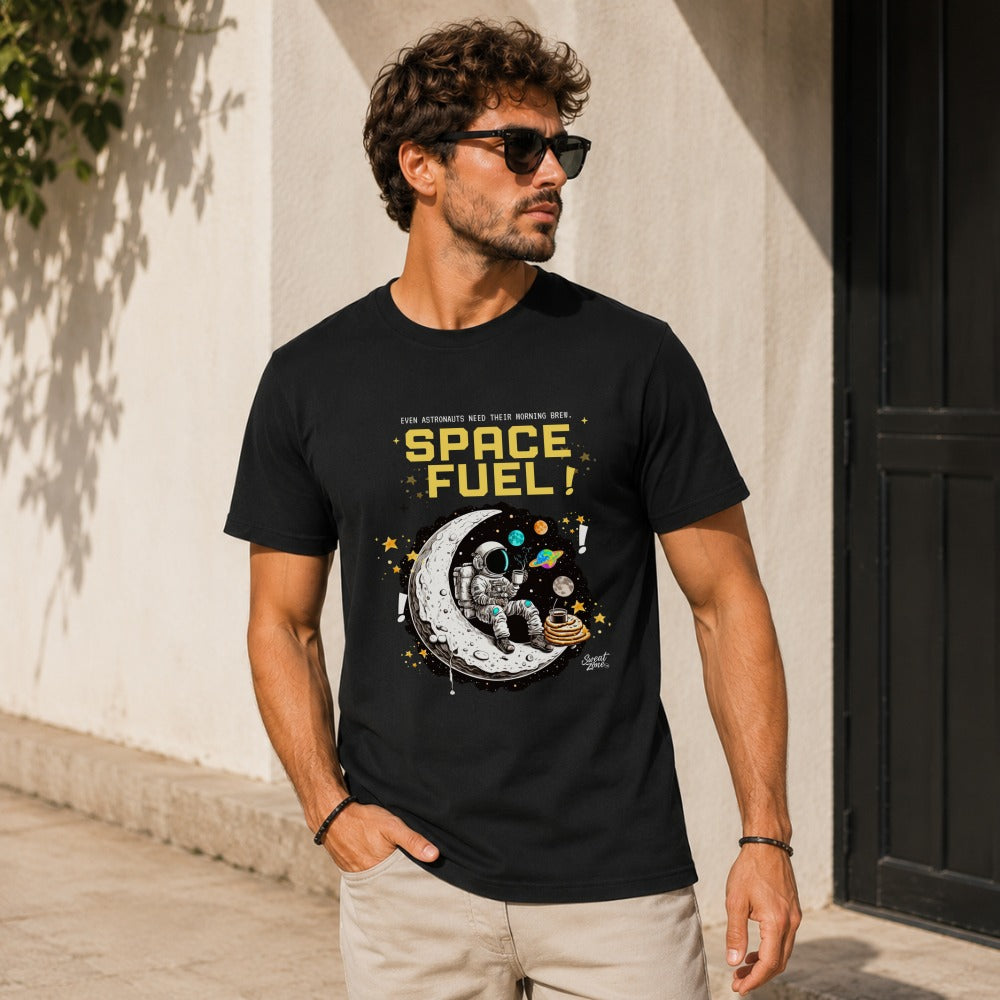 Black t-shirt with "SPACE FUEL!" and astronaut on moon graphic.