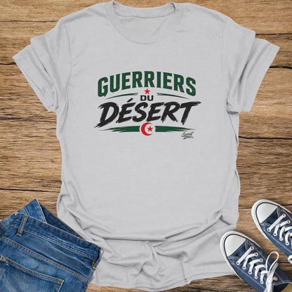 Grey t-shirt with "Guerriers Du Désert" text and Algerian flag emblem.