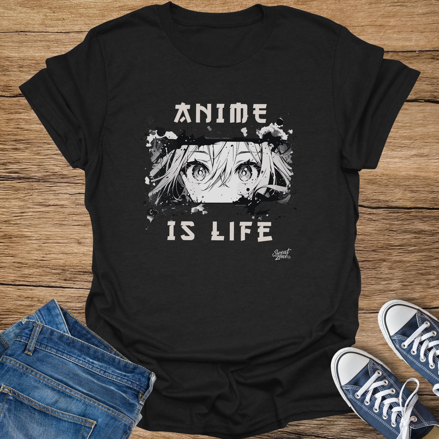 Black t-shirt with anime eyes graphic and text "ANIME IS LIFE".
