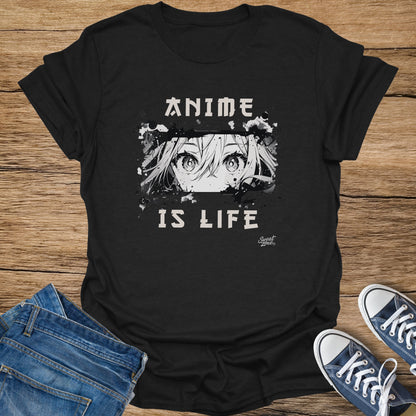 Black t-shirt with anime eyes graphic and text "ANIME IS LIFE".