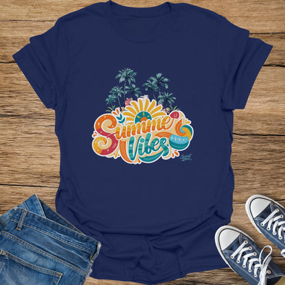 Navy t-shirt with colorful "Summer Vibes" text and tropical graphics.