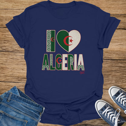 Navy t-shirt with "I Love Algeria" graphic and Algerian flag heart.
