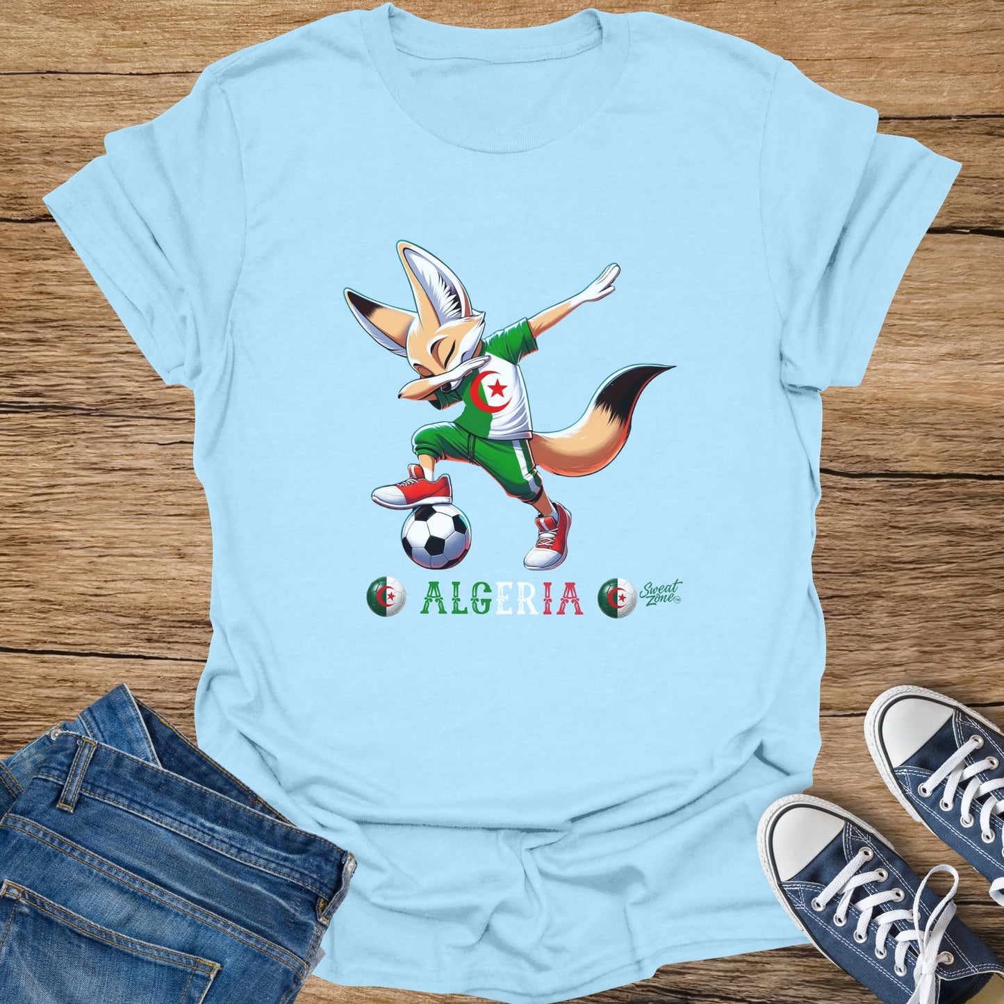 Algerian fennec fox character dabbing with a soccer ball.
