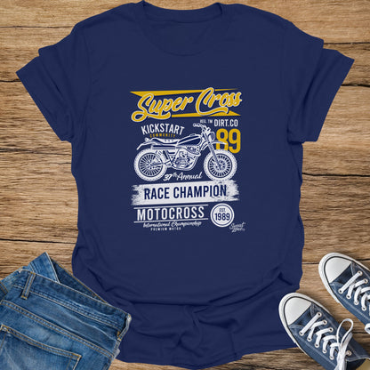 Navy blue t-shirt with "Super Cross Race Champion Motocross" text and a dirt bike graphic.