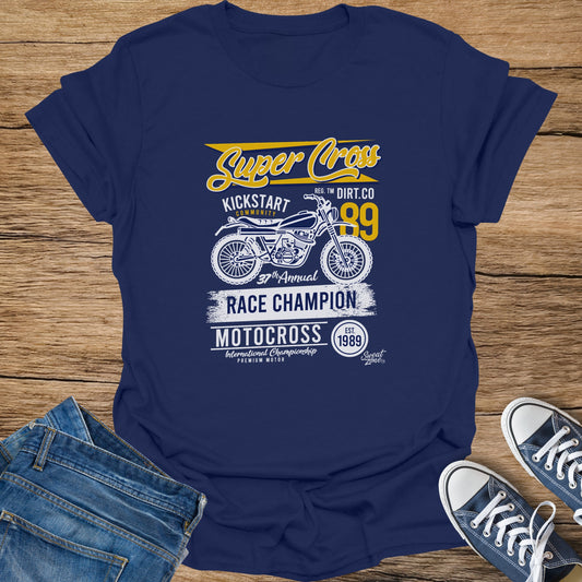 Navy blue t-shirt with "Super Cross Race Champion Motocross" text and a dirt bike graphic.