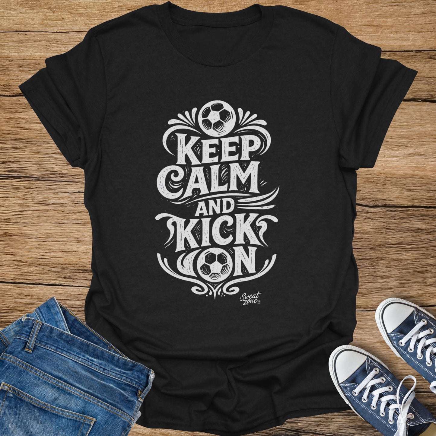 Black t-shirt with "Keep Calm and Kick On" soccer-themed graphic
