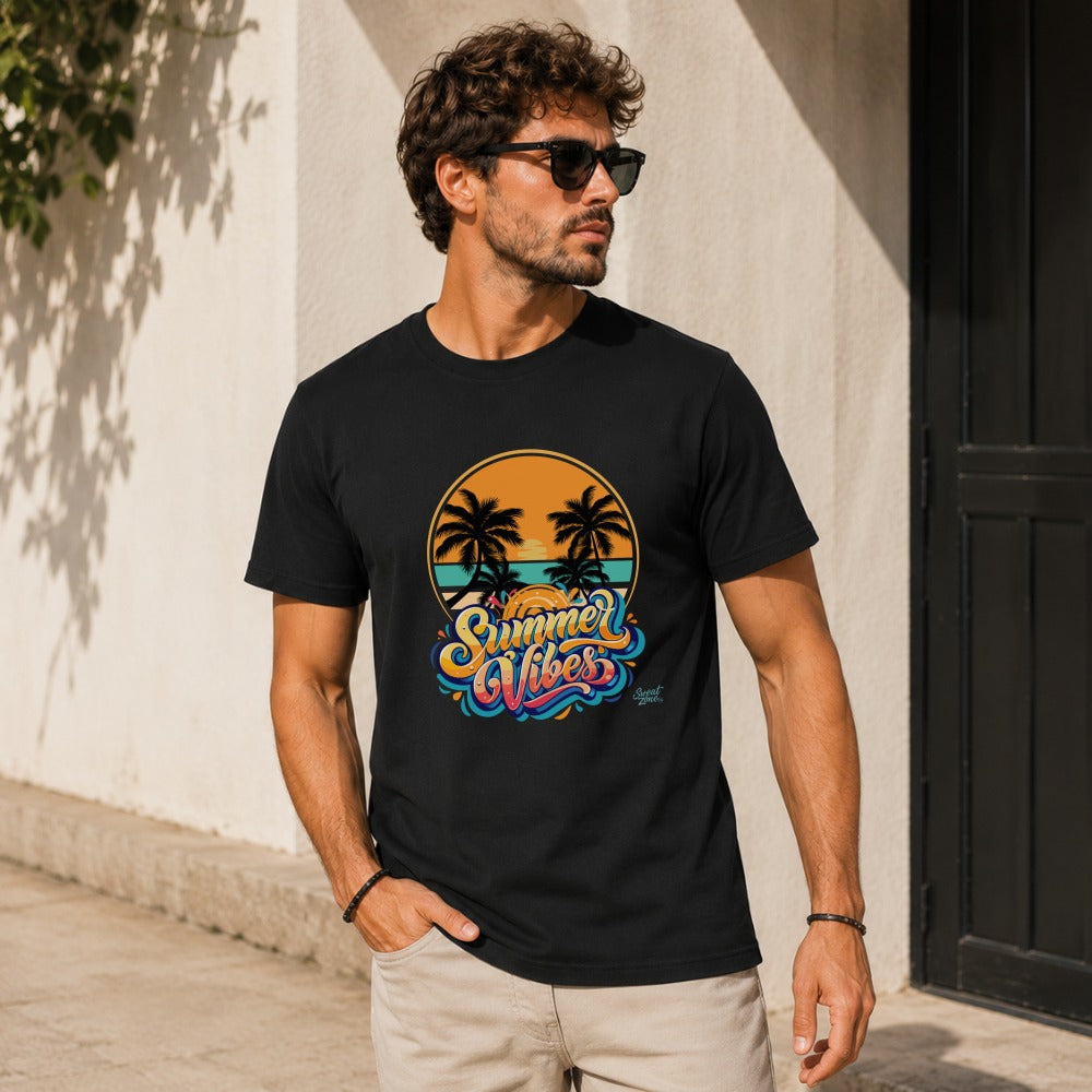 Black t-shirt with a circular graphic of palm trees at sunset and "Summer Vibes" text.