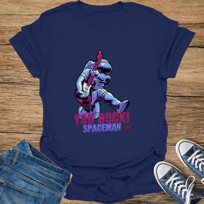 Navy blue t-shirt with an astronaut playing a guitar, text reads "YOU ROCK! SPACEMAN".