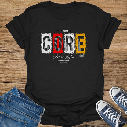Black t-shirt with white, red, and yellow "CORE" graphic, "Urban style" and "streetwear" text.