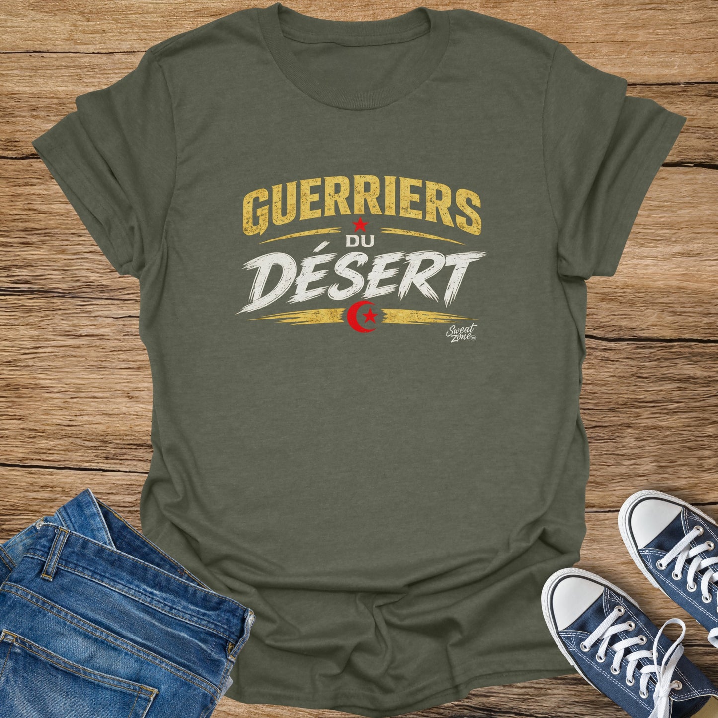 Khaki t-shirt with "Guerriers Du Désert" and "Saint Blaise" text.