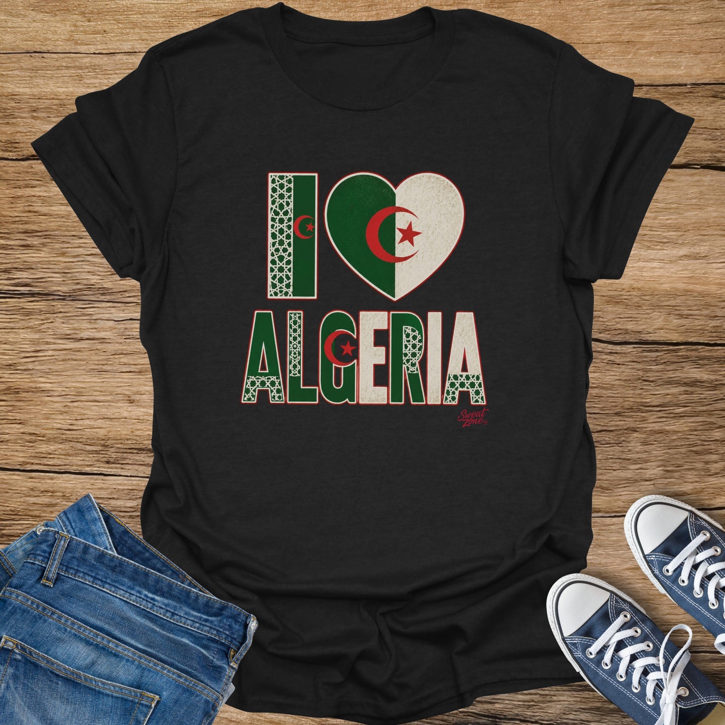 Black t-shirt with "I heart Algeria" graphic featuring the Algerian flag.