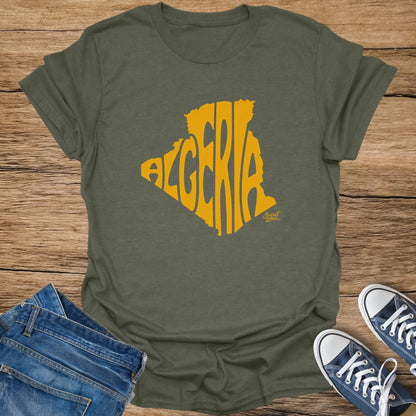 Olive green t-shirt with yellow Algeria map graphic and logo.