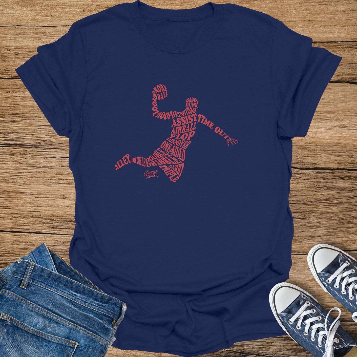 Dark navy t-shirt with a red word cloud forming a basketball player silhouette.