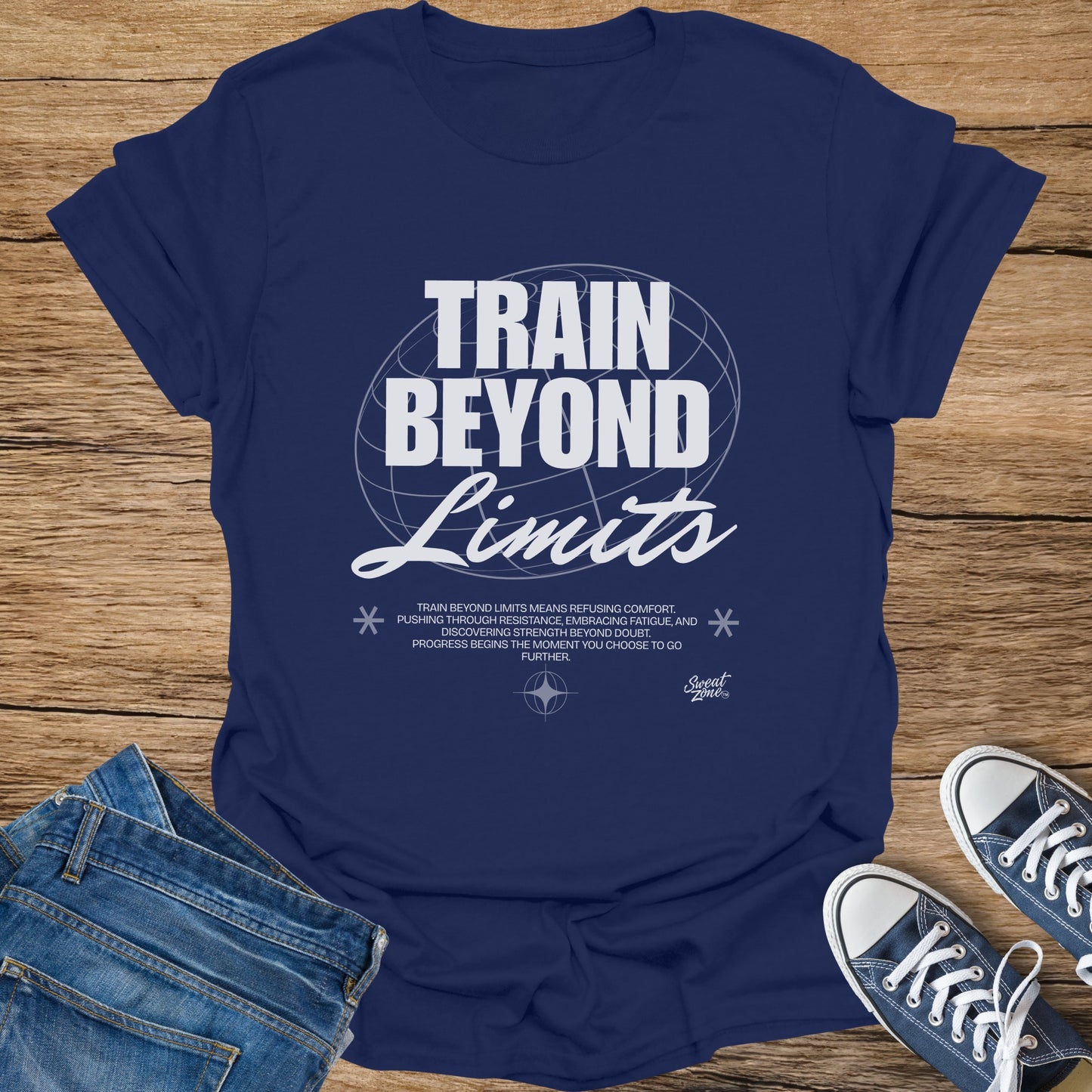 Navy t-shirt with "Train Beyond Limits" text and motivational sayings.