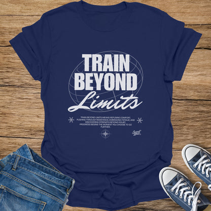 Navy t-shirt with "Train Beyond Limits" text and motivational sayings.