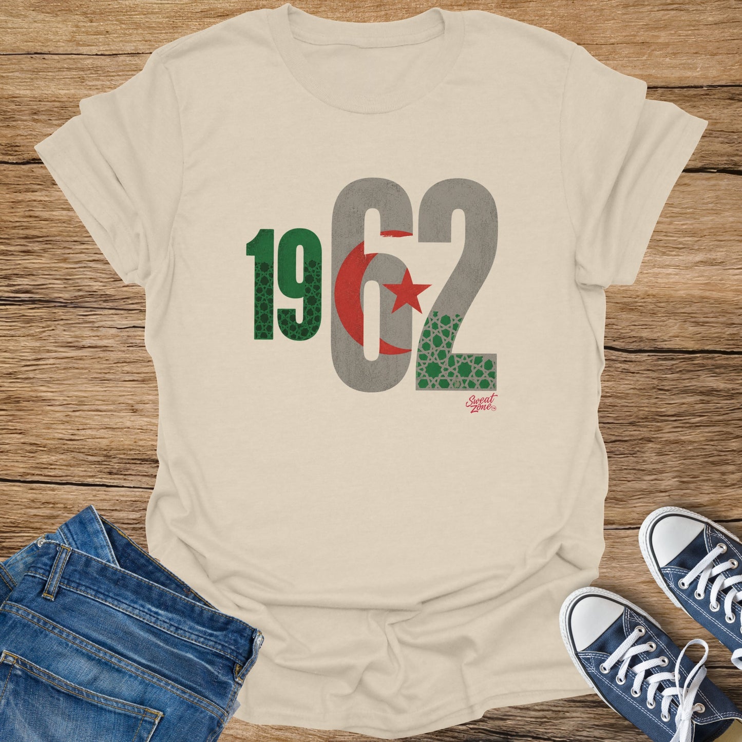 Cream t-shirt with "1962", Algerian flag, and "Sweat Zone" logo.
