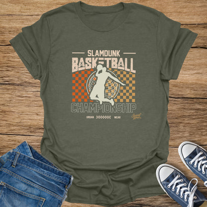 Olive t-shirt with "Slamdunk Basketball Championship" graphic and basketball player silhouette.