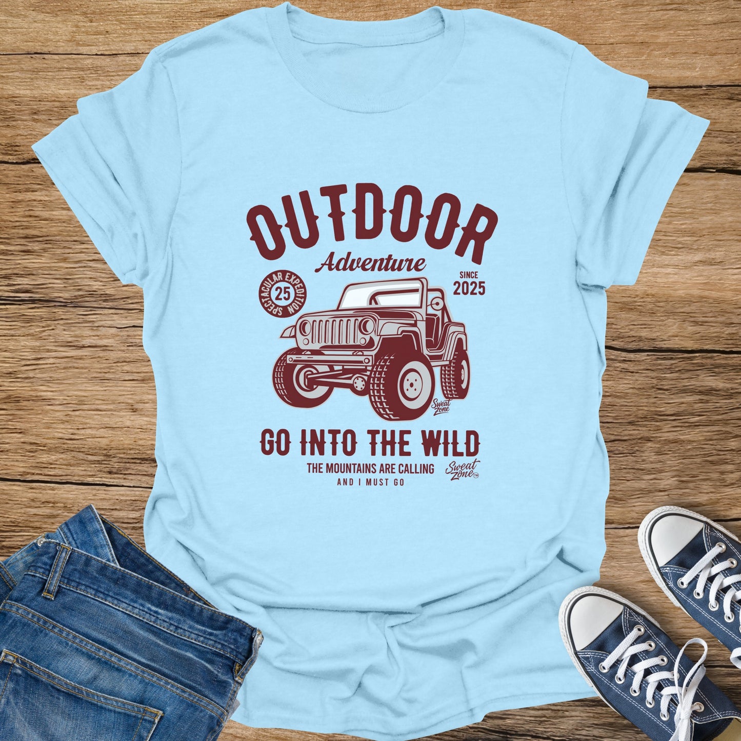 Light blue t-shirt with "Outdoor Adventure since 2025" and a jeep graphic.