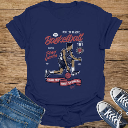 Navy t-shirt with a "1981 College League Basketball" graphic and player.