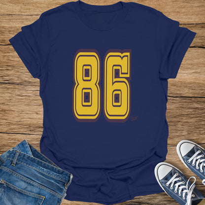 Navy blue t-shirt with gold and purple "86" graphic.