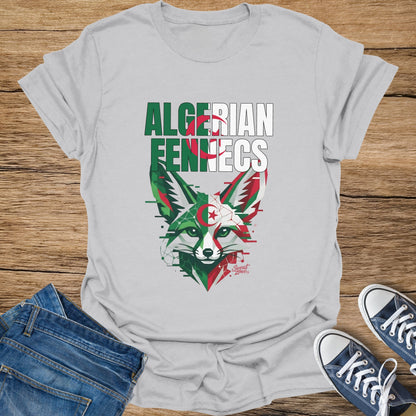 Grey t-shirt with Algerian flag pattern and fox design.