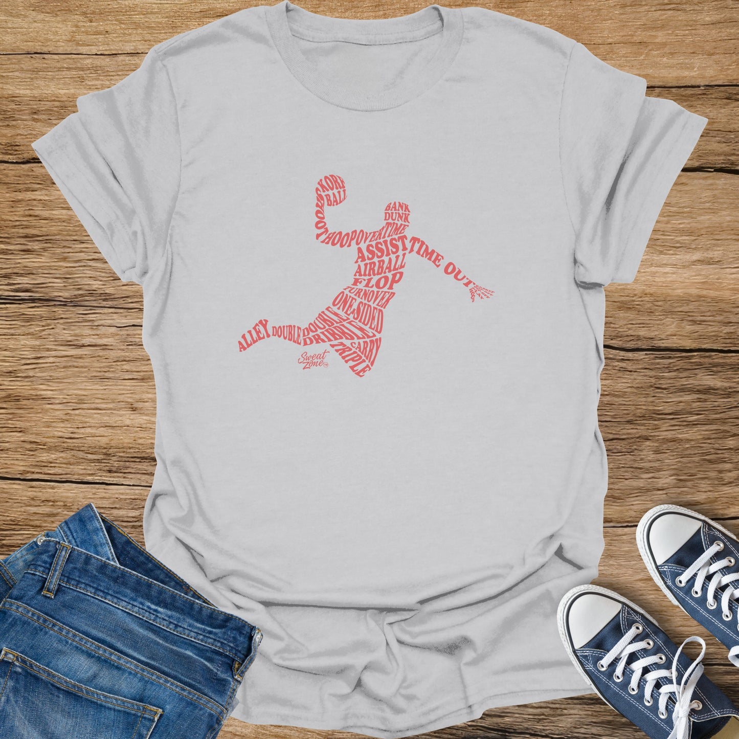 Light grey t-shirt with red basketball words forming a player outline.