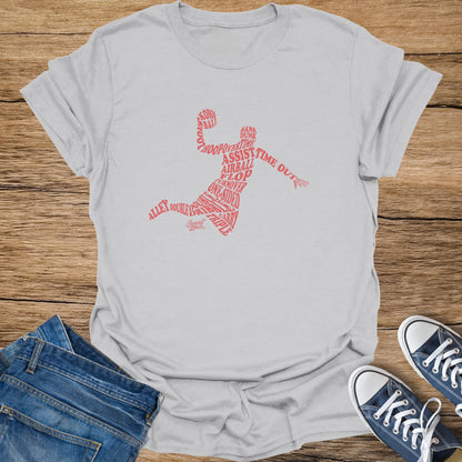 Light grey t-shirt with red basketball words forming a player outline.
