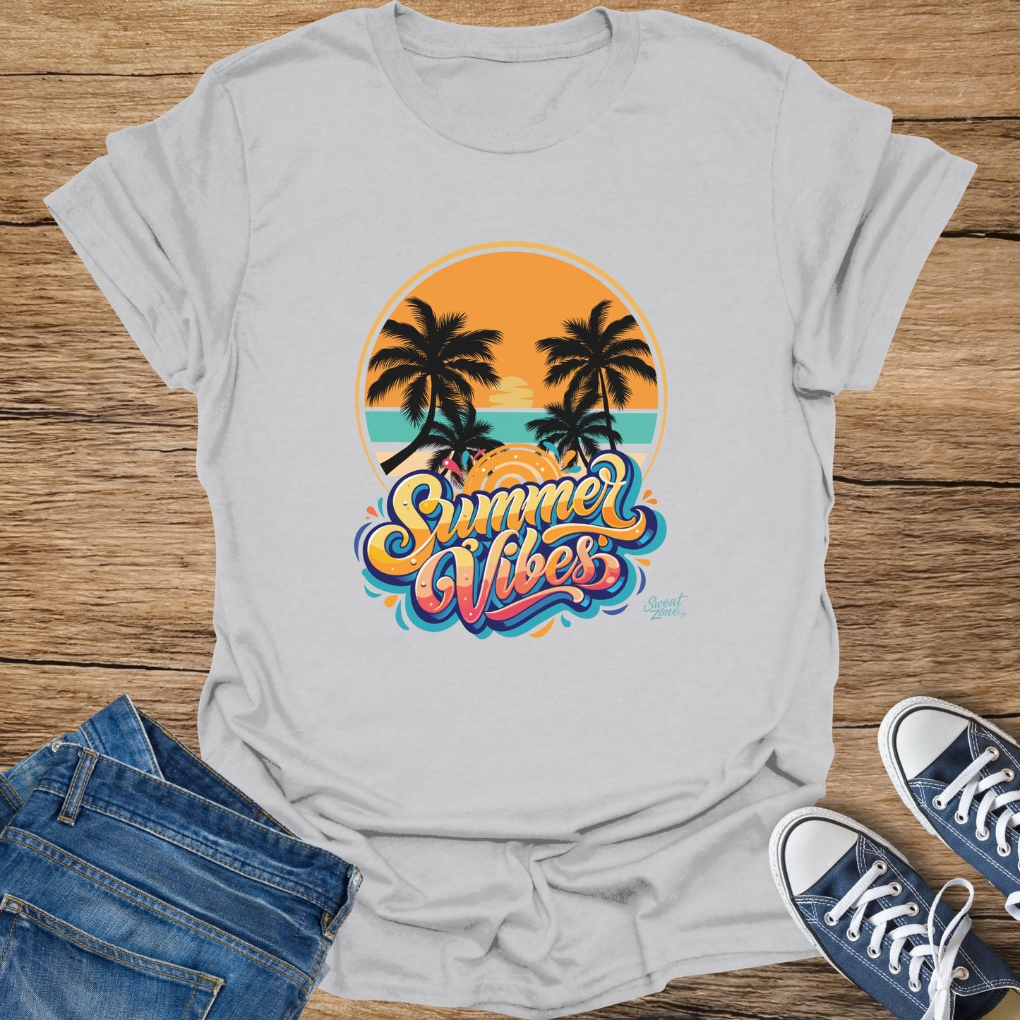Grey t-shirt with "Summer Vibes" palm tree graphic and logo.