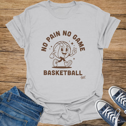 White t-shirt with basketball graphic reading "No Pain No Game Basketball".