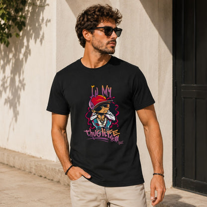 Black t-shirt with cartoon art and "IN MY THUG LIFE" text.