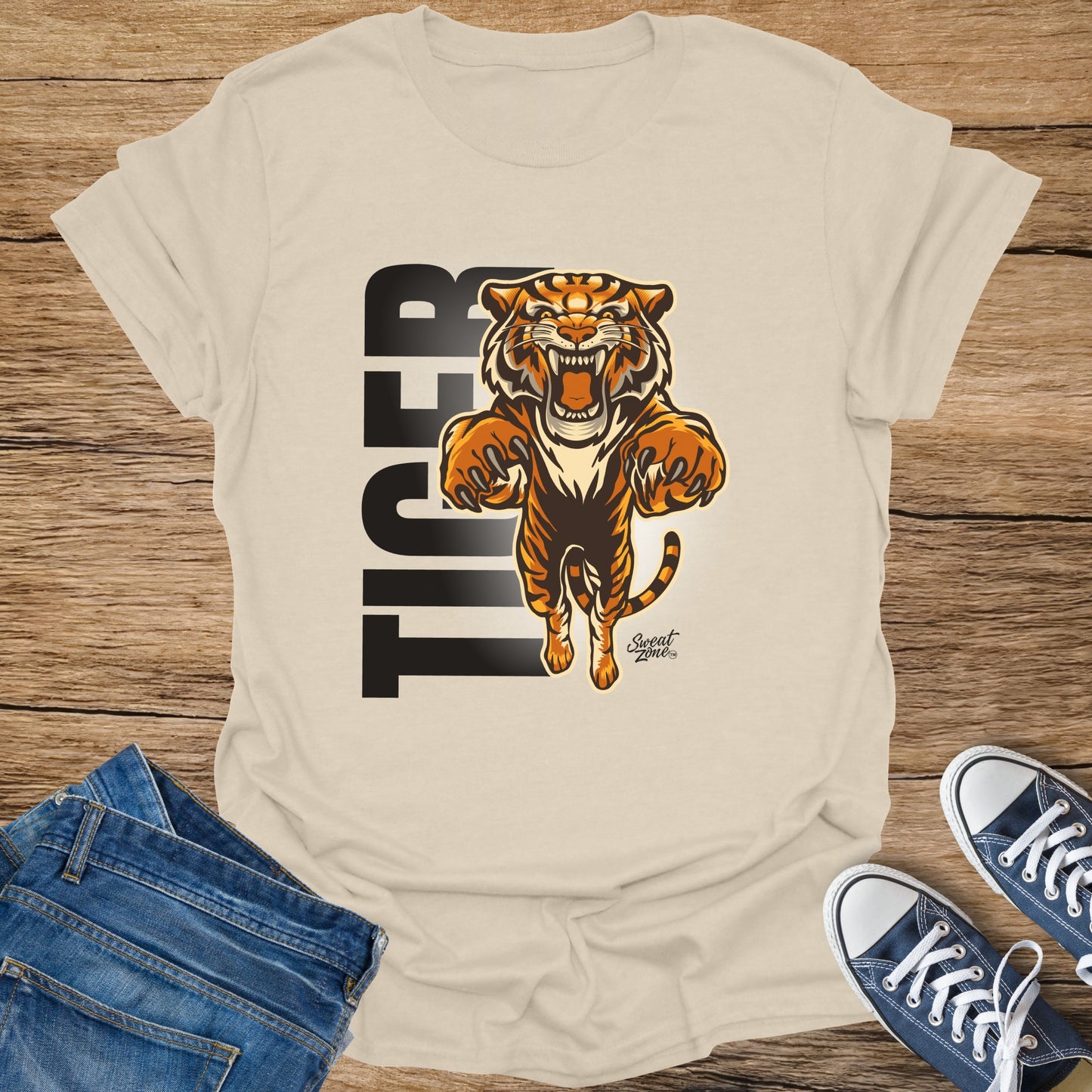 T-shirt with roaring tiger and text "TIGER" and "Sweet Zone" logo.
