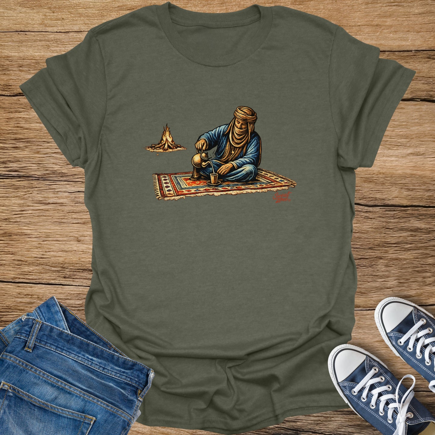 Illustration of a person in traditional clothing pouring tea by a campfire.