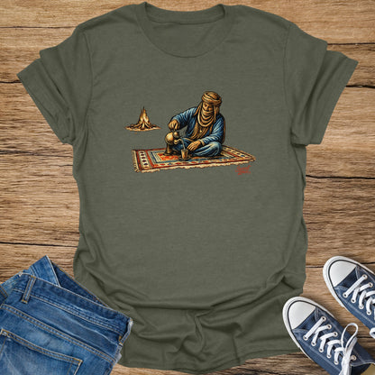 Illustration of a person in traditional clothing pouring tea by a campfire.