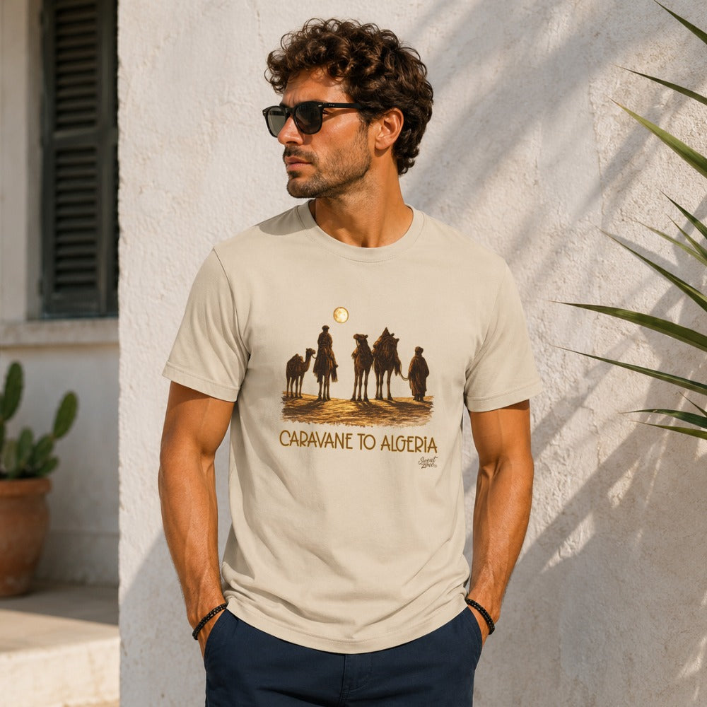 T-shirt with desert caravan and text "CARAVANE TO ALGERIA".