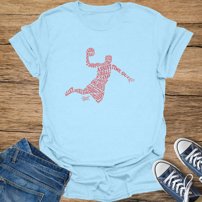 Light blue t-shirt with red text forming a basketball player silhouette and "Sweat Zone" logo.