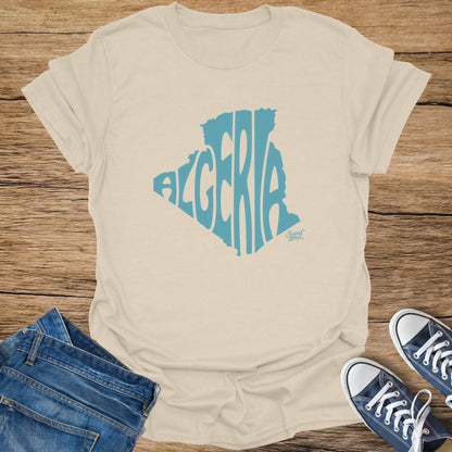 Cream t-shirt with blue map outline of Algeria containing the word "Algeria".