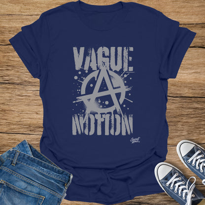 Navy t-shirt with distressed "Vague Notion" text and anarchy symbol graphic.