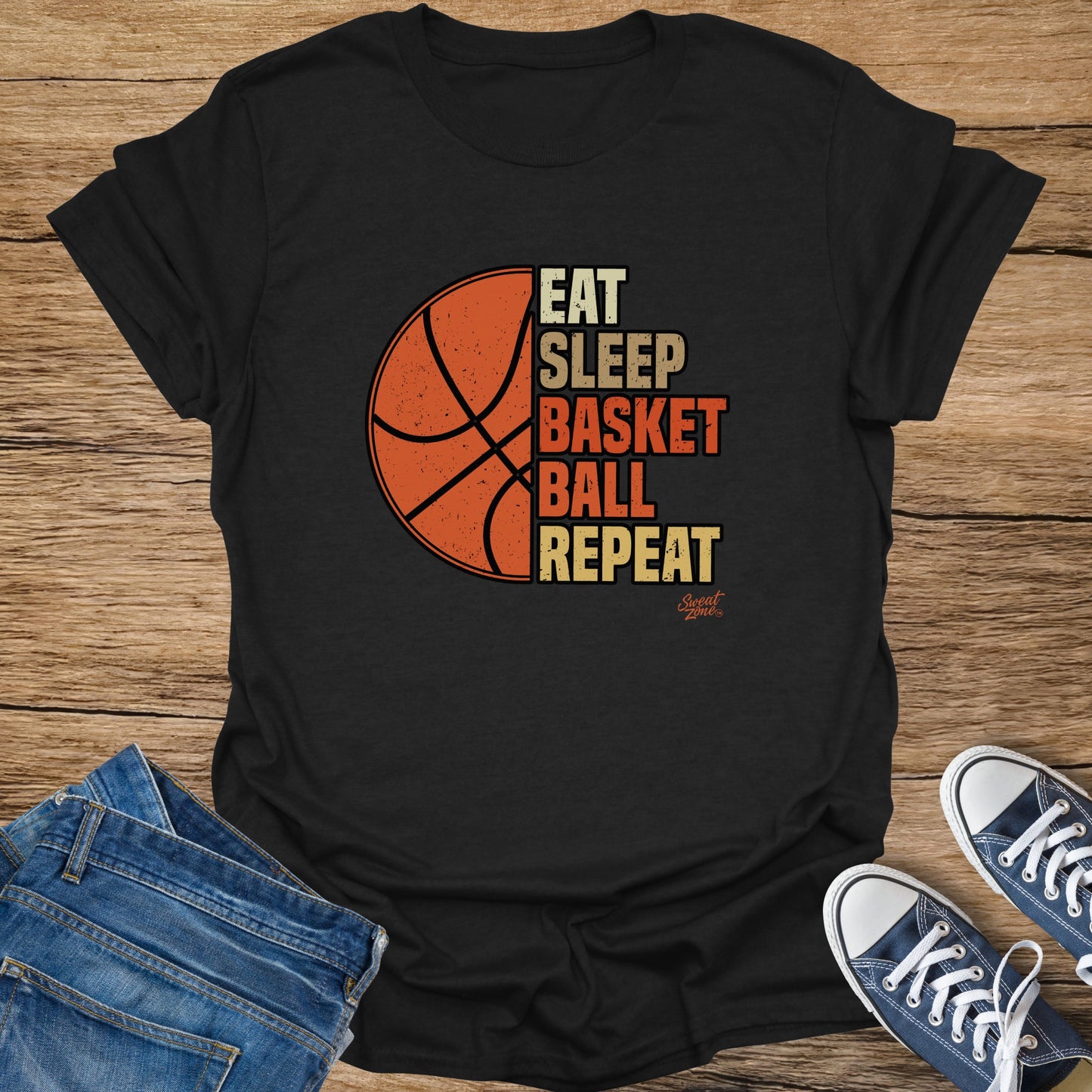Black t-shirt with basketball graphic and text "Eat Sleep Basketball Repeat".