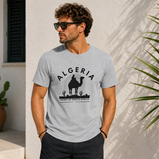 Grey t-shirt with camel and "ALGERIA HEART OF NORTH AFRICA" text.
